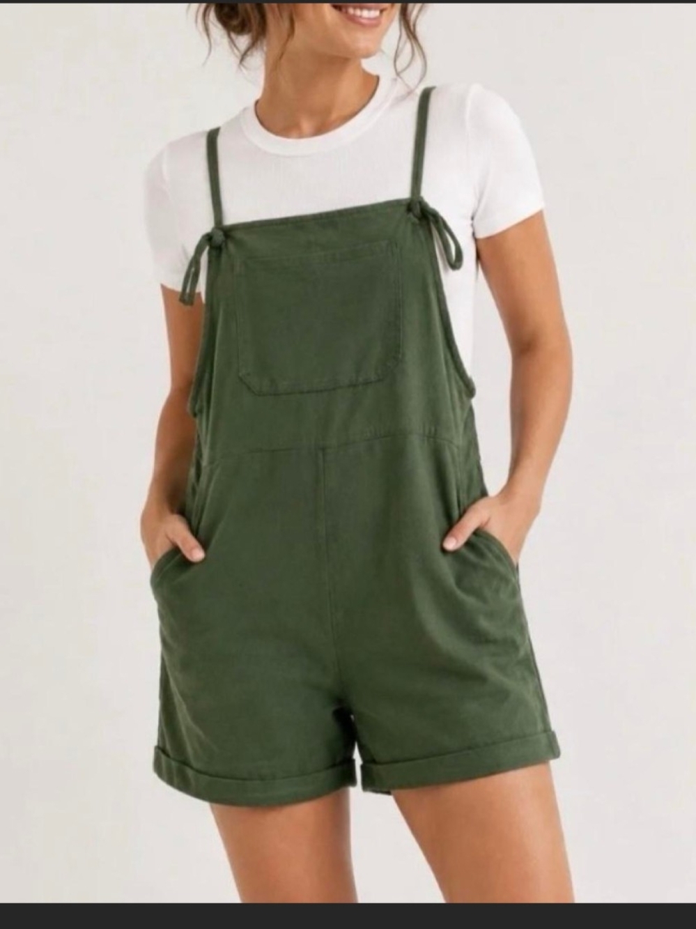 Olive Green Women's Short Overalls - Casual Tie-Strap Romper